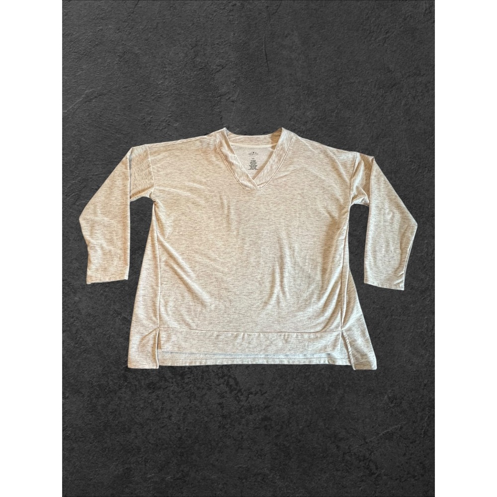 St. John's Bay Active Top Women XXL Heathered Tan Pink V-Neck Slit Long Sleeve